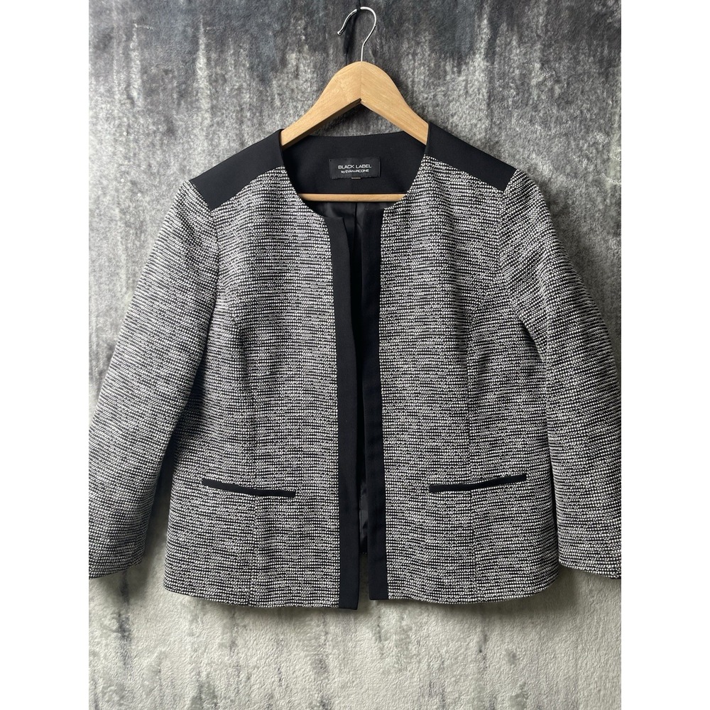 Black Label By Evan Picone Open Blazer Gray With Black Trim Womens Size L‎
